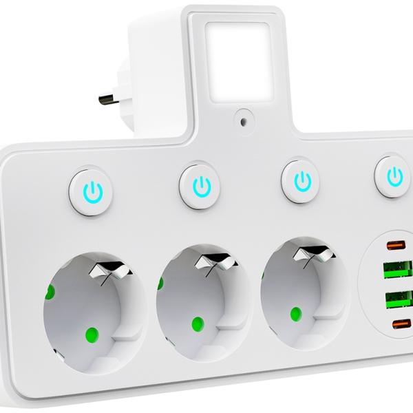 Tomada Tripla PS - 380 c/ 2 Portas USB + 2 Portas USB - C + 4 Interruptores ON/OFF - BLOW