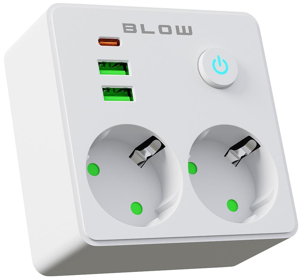 Tomada Dupla c/ 2x Portas USB + Porta USB - C + Interruptor (Branco) - BLOW