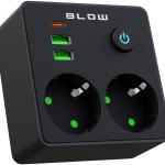 Tomada Dupla c/ 2 Portas USB + Porta USB - C + Interruptor (Preto) - BLOW