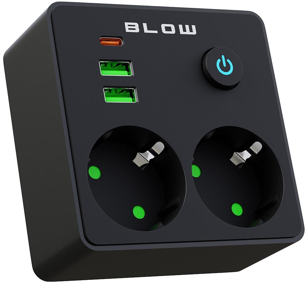 Tomada Dupla c/ 2 Portas USB + Porta USB - C + Interruptor (Preto) - BLOW