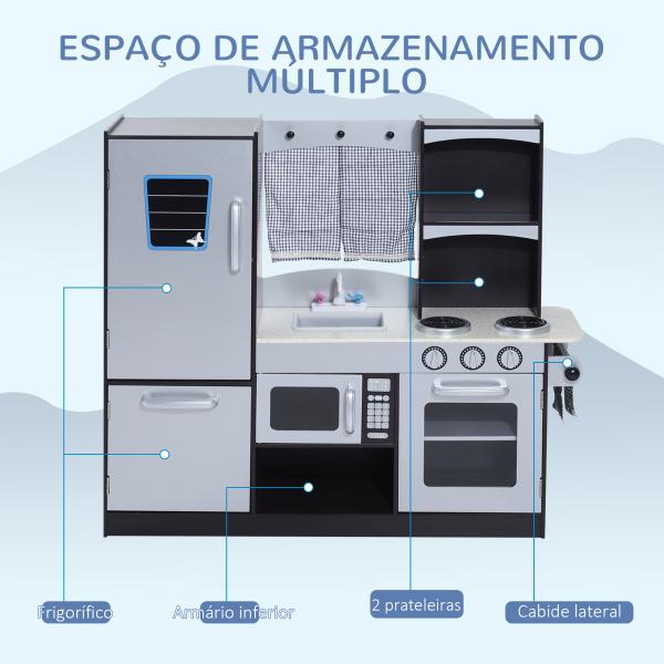 Cozinha de Brinquedo Infantil Cozinha de Madeira para Crianças com Acessórios Cozinha para Crianças com Forno Micro - Ondas Lavatório 105x31,5x95 cm Cinza e Preto