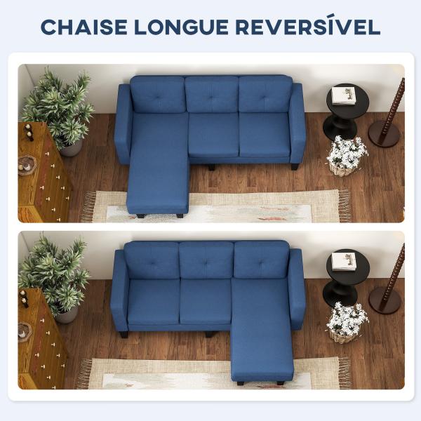 Sofá Chaise Longue Sofá em Forma de L Estofado em Poliéster Sofá de Canto Reversível 186x130x84 cm Azul Escuro