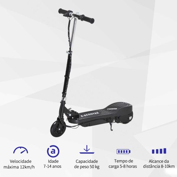 Trotinete Elétrica para Crianças + 7 Anos trotinete Dobrável com Altura Ajustável 24V Bateria Recarregável Velocidade até 12 km/h e Carga 50 kg 74x36x82,5 - 92,5 cm Preto