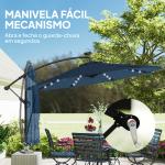 Chapéu de Sol Excêntrico com Luzes LED Solares Ø345 cm Base Cruzada Manivela Capa Protetora Azul