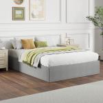 Cama de Casal 140x190 cm com Arrumação Elevatória, Estrutura com Estrado Estofada em Linho Cinzento
