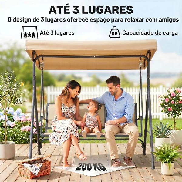 Baloiço de Jardim Exterior de 3 Lugares com Toldo Reclinável Assento Respirável e Estrutura de Aço 175x118x159 cm Bege