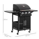 Barbecue a Gás com 3 Queimadores Termómetro 2 Prateleiras Laterais Armário 4 Rodas e Travão 121x55x109 cm Preto