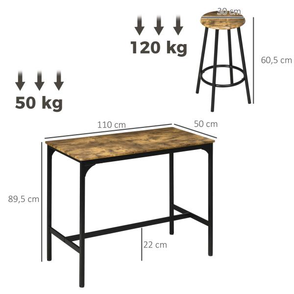 Conjunto de Móveis Altos de Bar com 5 Peças Mesa de Refeição Industrial e 4 Bancos Redondos Marrom Rústico e Preto