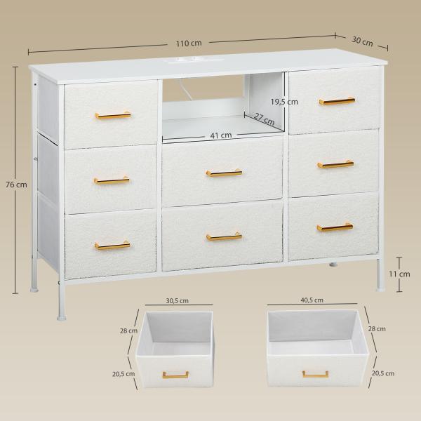 Cómoda com 8 Gavetas Estofada em Borreguito com Estação de Carga Porta USB Tipo - C e Estrutura de Aço 110x30x76 cmCreme