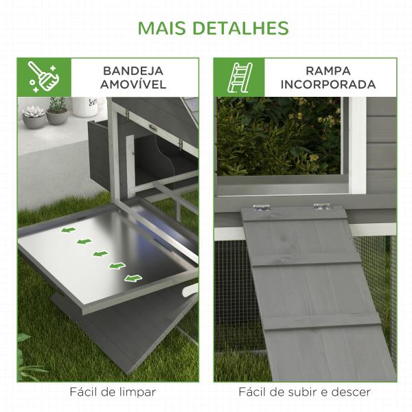 Galinheiro Grande de Madeira para 4 - 6 galinhas com Casa Principal Ninhos Área Aberta de 2,25 ㎡ 310,5x149,5x149 cm Cinza