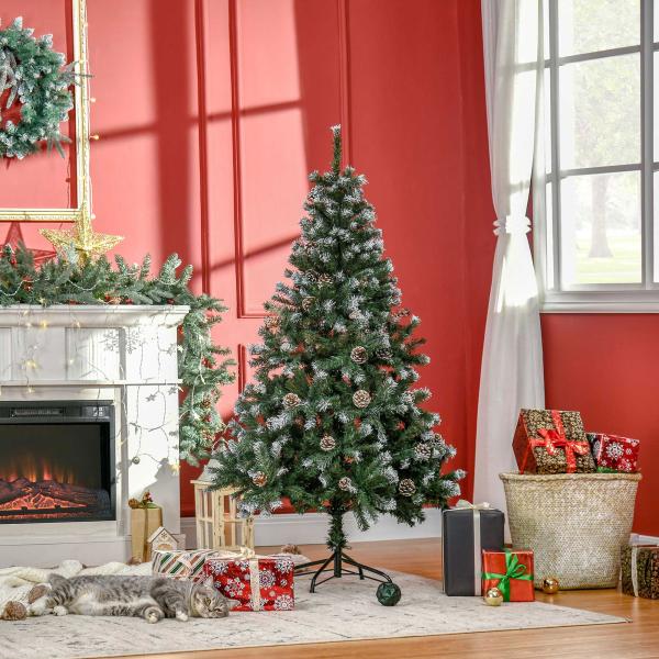 Árvore de Natal Artificial 150cm com 676 Ramas e 41 Pinhas Folhas de PVC com Efeito de Neve Base Dobrável e Suporte Metálico para Interiores Verde