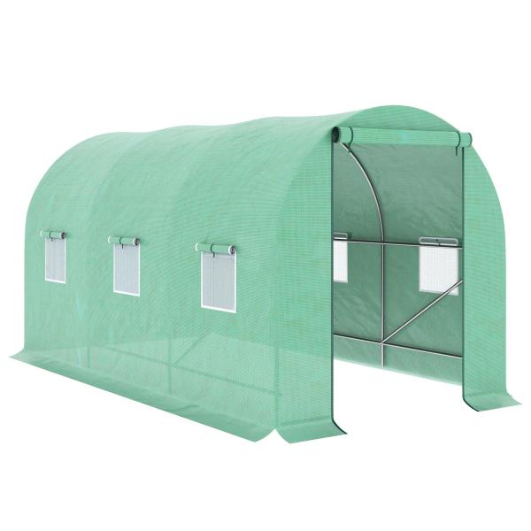 Estufa Tipo Túnel 400x200x200cm Estufa de Túnel com Portas Enroláveis e 6 Janelas Cobertura de PE 140 g/m² Estrutura de Metal para Cultivo de Plantas Verduras Verde