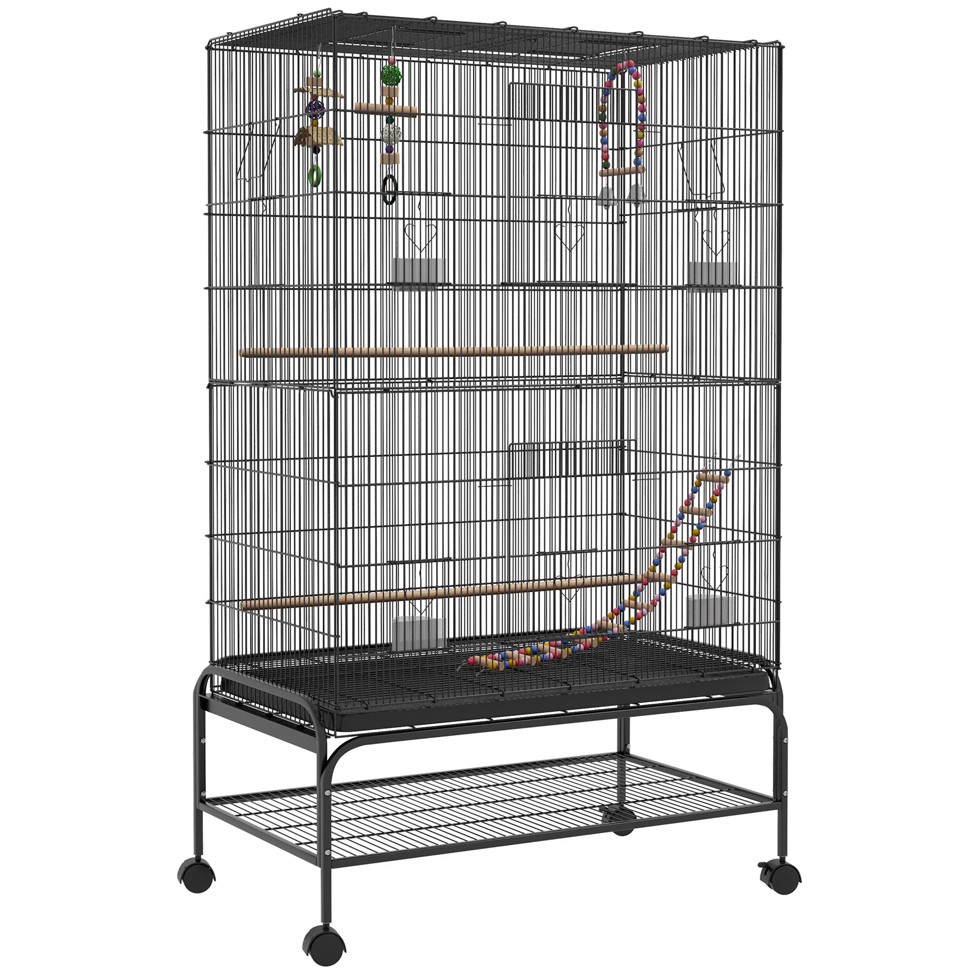 Gaiola para Pássaros com Rodas Comedouros Poleiros Prateleira Inferior Bandeja Removível 97x58x160 cm Preto