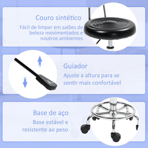 Banco Giratório com Rodas e Encosto Banco de Trabalho com Altura Ajustável Banco Estofado em Couro Sintético 32x40x70x70 - 86 cm Preto