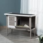 Coelheira de Madeira Exterior Gaiola Elevada para Coelhos Cobaias Animais Pequenos com Teto Asfáltico Abatível Comedouro Bandejas Removíveis e 2 Portas 91x46x71cm Cinza