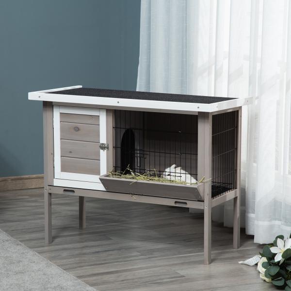 Coelheira de Madeira Exterior Gaiola Elevada para Coelhos Cobaias Animais Pequenos com Teto Asfáltico Abatível Comedouro Bandejas Removíveis e 2 Portas 91x46x71cm Cinza