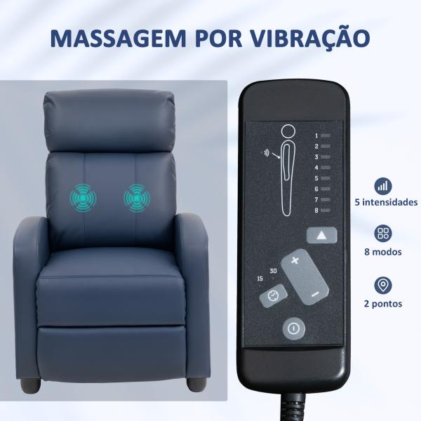 Poltrona de Massagem Reclinável com 2 Zonas de Massagem 8 Programas e 5 Níveis de Intensidade 68x88x98 cm Azul Escuro