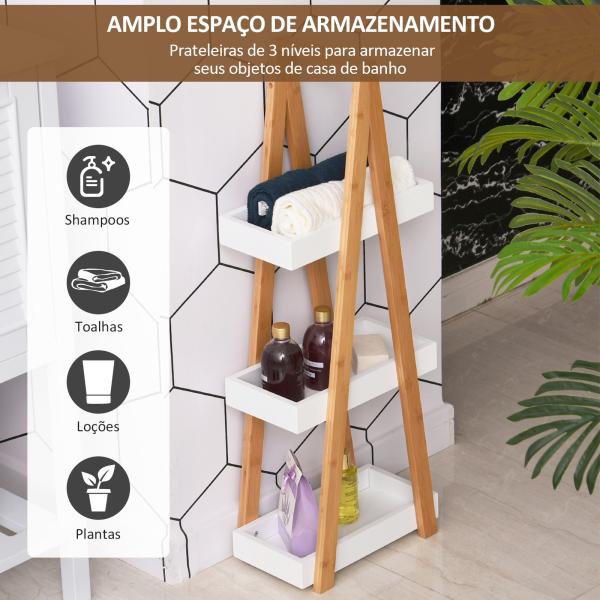 Estante de Bambú para Casa de Banho com 3 Prateleiras de Armazenamento Móvel Organizador para Cozinha Sala de Estar Lavanderia 30x18x81cm Madeira e Branco