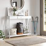 Mesa Consola Clássica com 1 Gaveta e 1 Prateleira de Armazenamento para a Entrada Mesa Auxiliar Sala de Estar Estilo Elegante 100x30x81cm Branco
