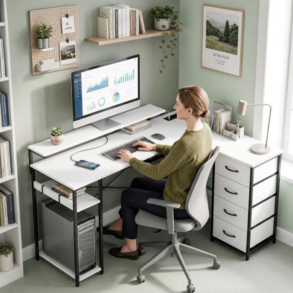 Mesa de Canto para Computador Amplo Espaço de Arrumação com 4 Gavetas 155x112x91,5 cm Branco