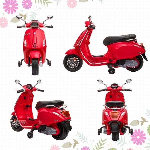 Moto Elétrica para Crianças de 3 - 6 Anos com Licença Vespa com USB MP3 Luz LED Rádio FM Velocidade 3 km/h Vermelho
