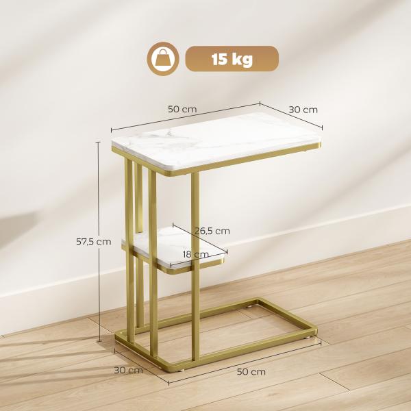Mesa Auxiliar Estrutura em C Mesa Auxiliar Estreita de 2 Níveis com Prateleira 50x30x57,5 cm Branco Efeito Mármore