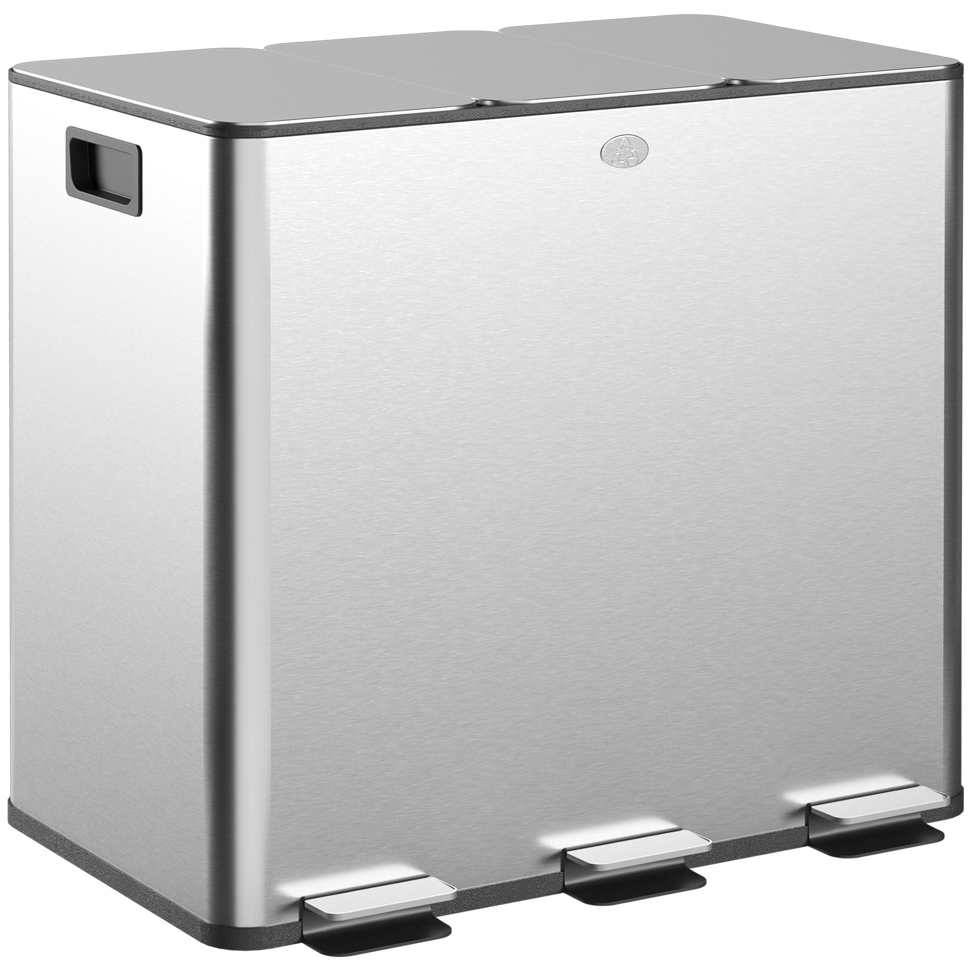 Balde de Lixo de Cozinha com 3 Compartimentos 3x15L com Pedais Tampas com Fechamento Suave e Cubo Amovível Prata
