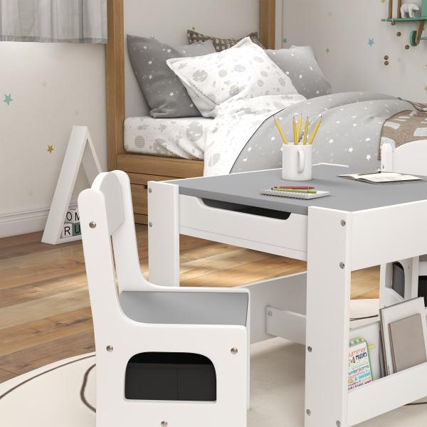 Conjunto de Mesa e 2 Cadeiras Infantis 2 em 1 com Ardósia Gavetas de Tecido e Espaço de Armazenamento para Quarto Cinza