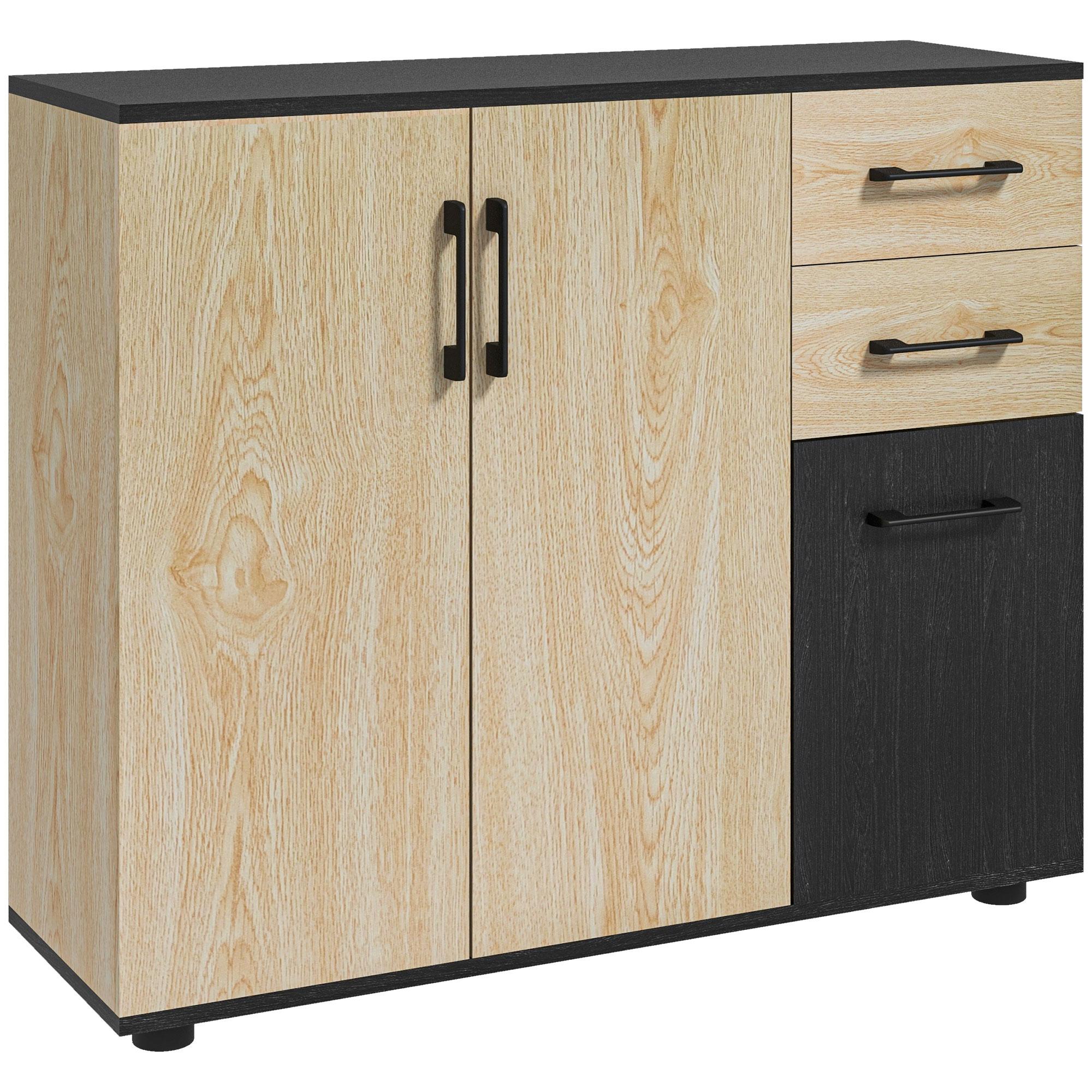 Aparador Estreito de Sala com 2 Portas, 2 Gavetas e Prateleira Ajustável 90x30x75,5 cm Natural e Preto