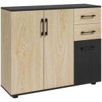 Aparador Estreito de Sala com 2 Portas, 2 Gavetas e Prateleira Ajustável 90x30x75,5 cm Natural e Preto