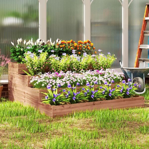 Floreira de Madeira Elevada de 4 Níveis com Desenho em Escada para Cultivos Plantas e Flores 113x113x46 cm Castanho Escuro