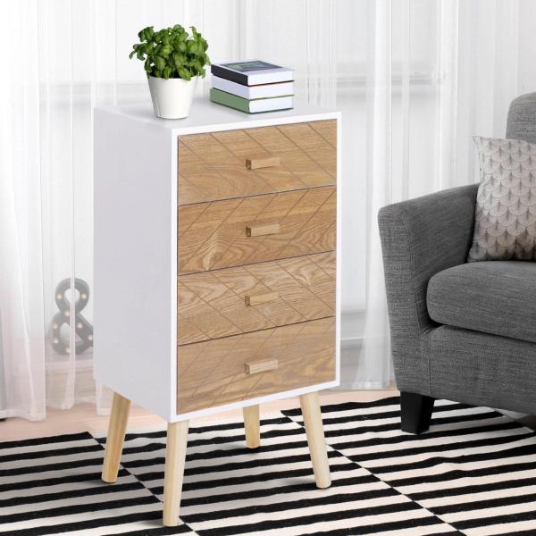 Mesa de Cabeceira com 4 Gavetas Amplo Espaço de Armazenamento para Dormitório 40x30x75 cm Branco e Madeira