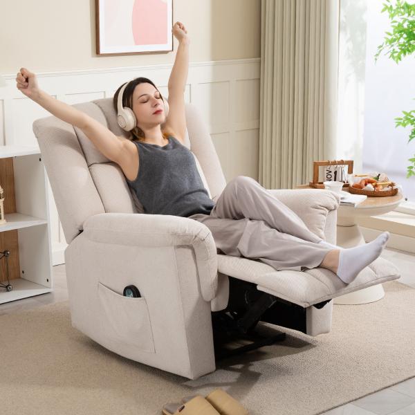 Cadeirão Relax Reclinável com 8 Pontos de Massagem e Calor Lombar, com Apoio para os Pés, Encosto Largo e Bolso Lateral, Bege