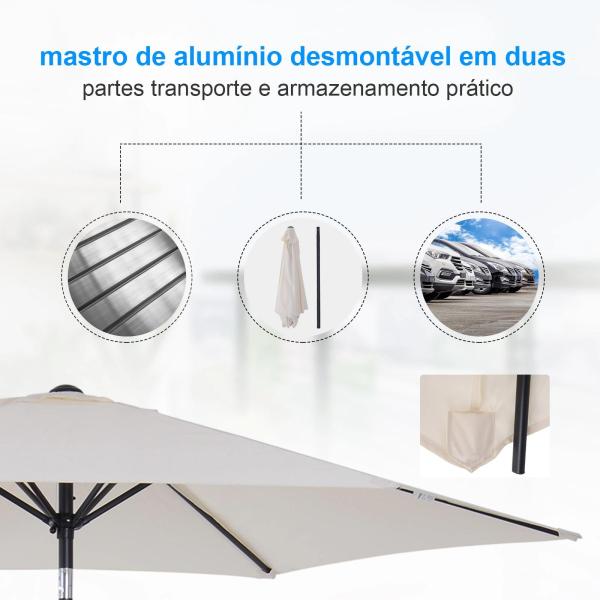 Chapéu de Sol de Jardim Ø270x235cm Chapéu de Sol de Alumínio Reclinável com Manivela e 6 Hastes para Terraço Exterior Balcão Creme
