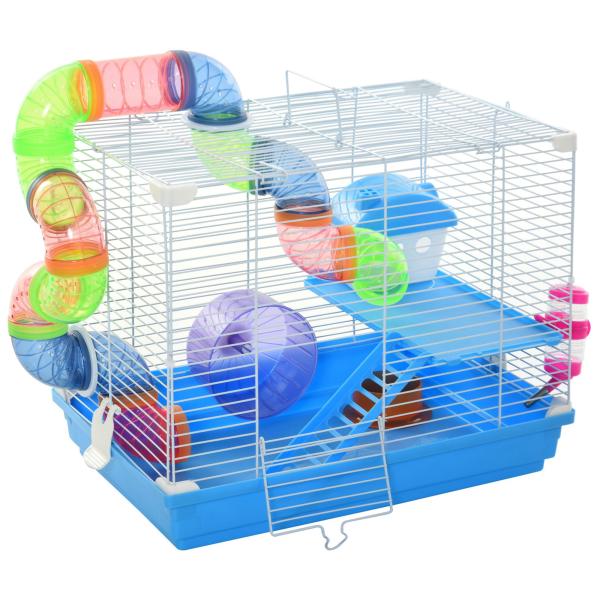 Gaiola para Hamster, Casa para Hamster com Túnel, Comedouro, Bebedouro, Casinha, Rampa, Roda de Exercício, Plataforma e Alça, Bandeja Removível, para Ratos e Gerbos, 46x30x37 cm, Azul