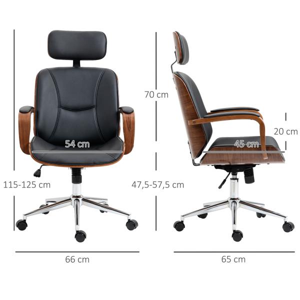 Cadeira de Escritório Operativa de Couro PU com Apoio para a Cabeça Amovível Altura Ajustável 63x62x110 - 120cm Preto e Madeira