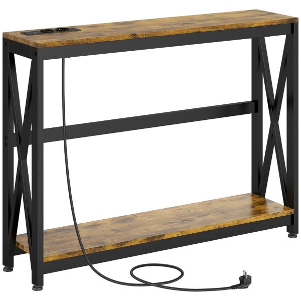 Mesa Consola de Estilo Industrial Mesa de Entrada de 2 Níveis com Estação de Carregamento 100x24x75 cm Castanho Rústico