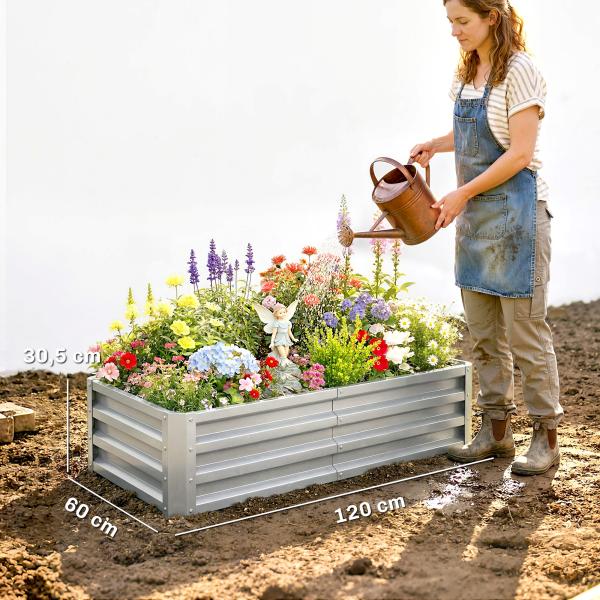 Caixa de Plantio de Aço Galvanizado para Cultivar Plantas Flores Floreira Exterior Retangular com Fundo Aberto 120x60x30,5 cm Prata