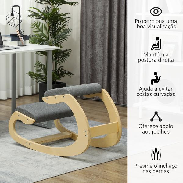 Cadeira Ergonómica de Joelhos com Almofadas Acolchoadas Estrutura de Madeira para Melhor Postura Escritório 55x85x55 cm Cinzento