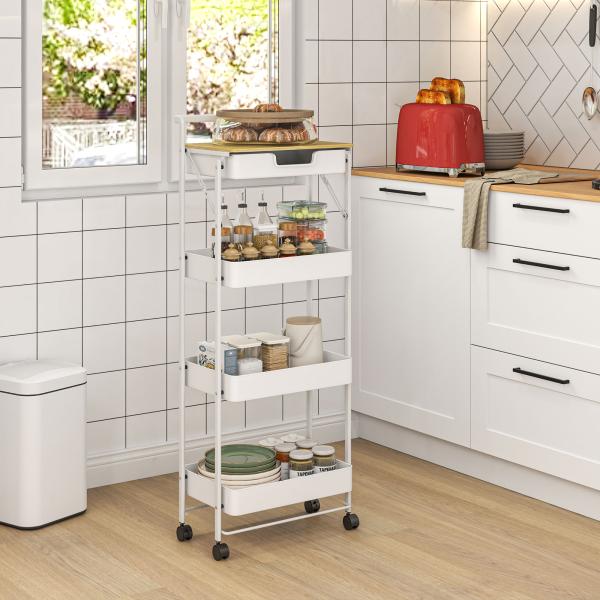 Carrinho Auxiliar com Rodas de 4 Níveis Carrinho de Cozinha com 1 Gaveta e 3 Cestos Carrinho Organizador 45x29,5x117,5 cm Branco