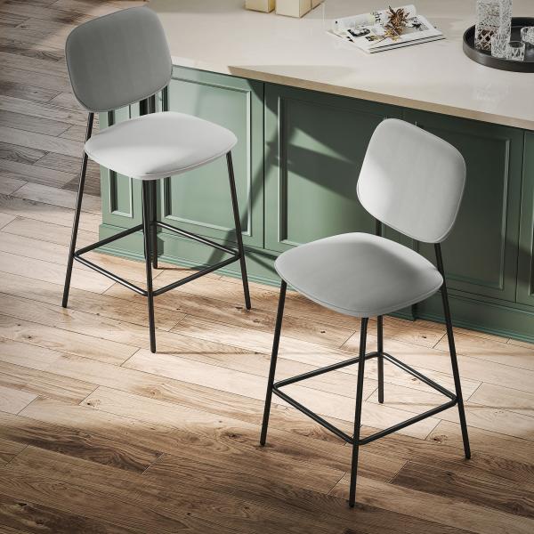 Conjunto de 2 Bancos de Bar Bancos Altos de Cozinha com Apoio para os Pés Estofados em Veludo 45x49x102 cm Cinza Claro