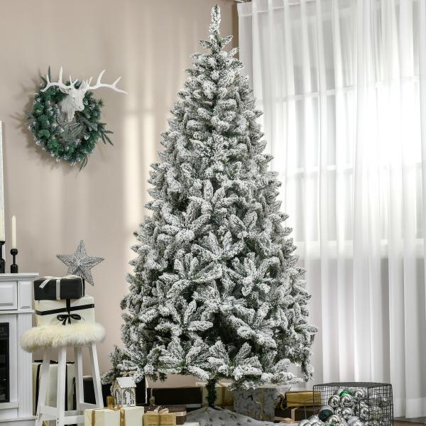 Árvore de Natal Artificial 225 cm com Neve Ignífugo com 1300 Ramos Folhas de PVC Base Dobrável Verde