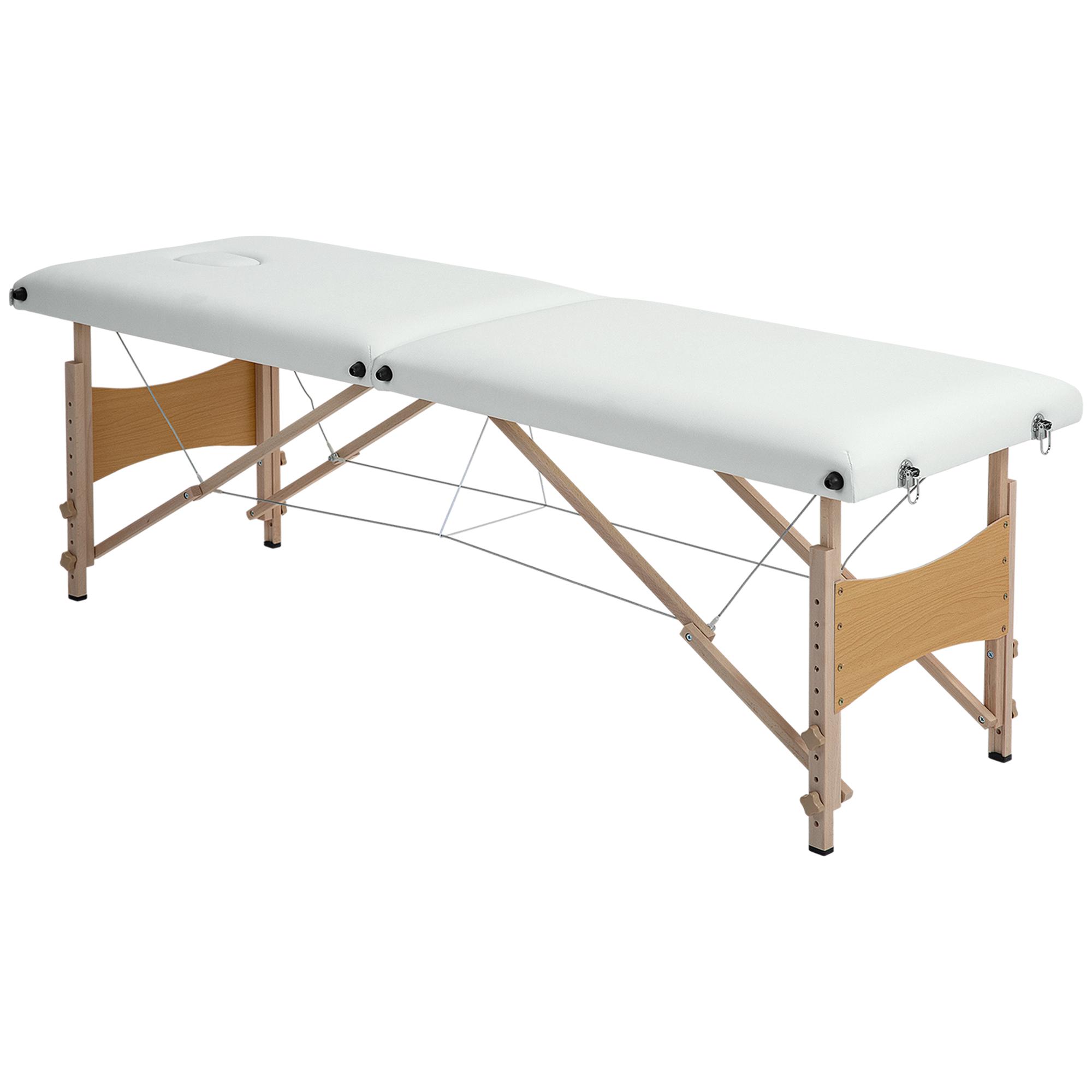 Marquesa de Massagem Dobrável com Estrutura em Madeira, Altura Ajustável e Bolsa de Transporte, 186x60x61 - 87 cm, Creme