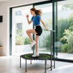 Trampolim Fitness 114x114x132 cm com Guiador Ajustável em 3 Níveis Estrutura de Aço para Treino de Perna Corpo Verde