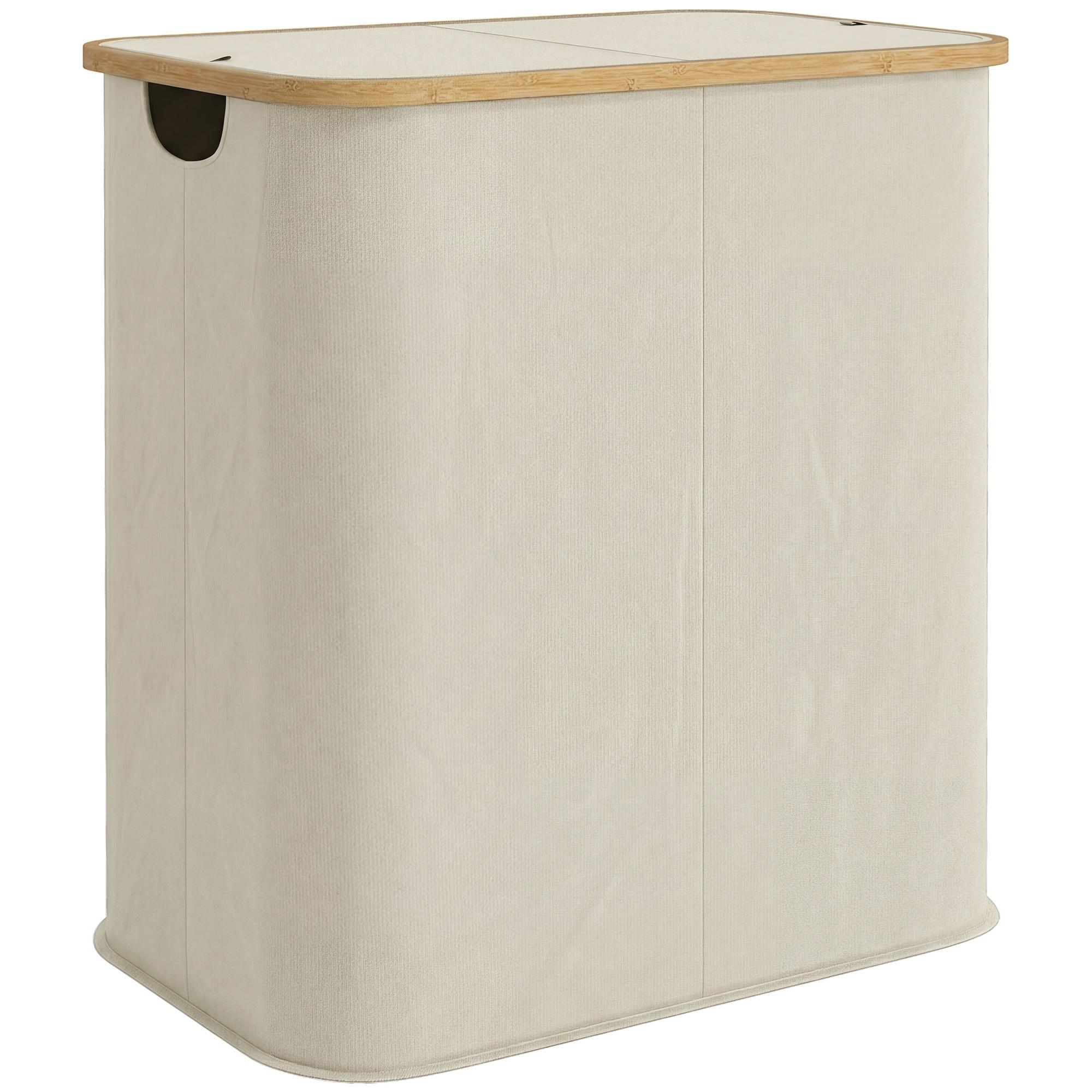 Cesto para Roupa Suja Dobrável com Tampa 80 L em Tecido Não Tecido, 2 Compartimentos, Asas, 54x34x58,5 cm, Bege