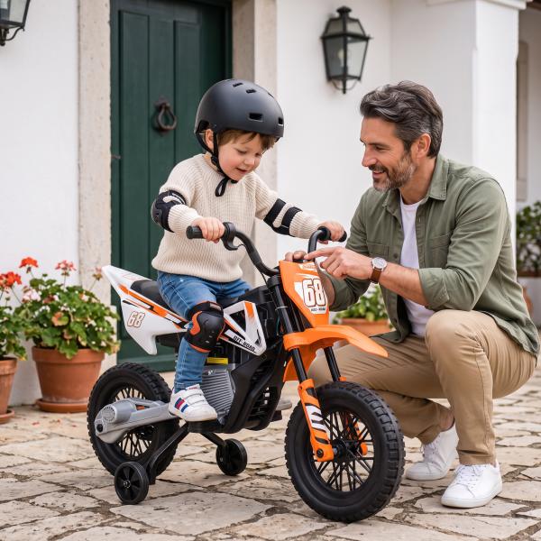 Moto Elétrica Infantil 12V com Música, Velocidade 2,4 - 5 km/h, Rodas Auxiliares, 109,5x60x72,5 cm, Laranja
