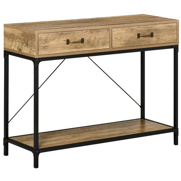 Mesa Consola Industrial Mesa de Sofá com 2 Gavetas e Prateleira para Entrada com Pés de Metal Castanho e Preto