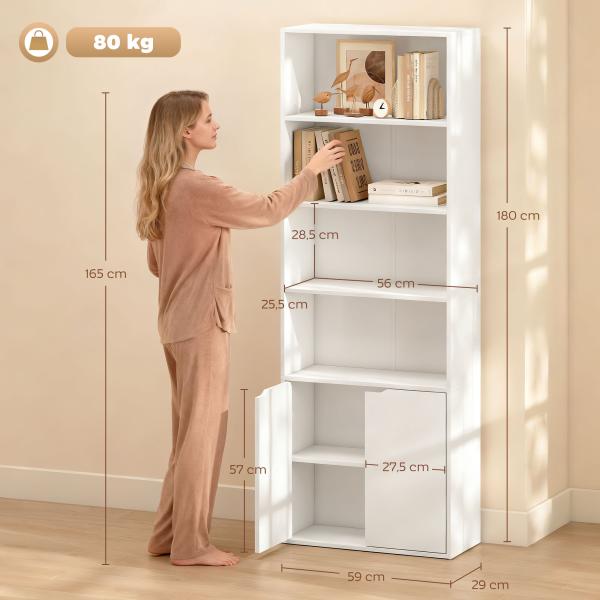 Estante para Livros com 4 Compartimentos Abertos e 1 Armário com 2 Prateleiras Armazenamento Livros Plantas para Sala de Estar Escritório 59x29x180cm Branco