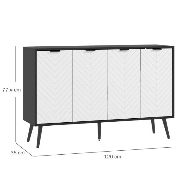 Aparador de 4 Portas Aparador de Sala com Prateleiras Ajustáveis e Pés de Madeira para Cozinha Branco e Preto 120x35x77,4 cm