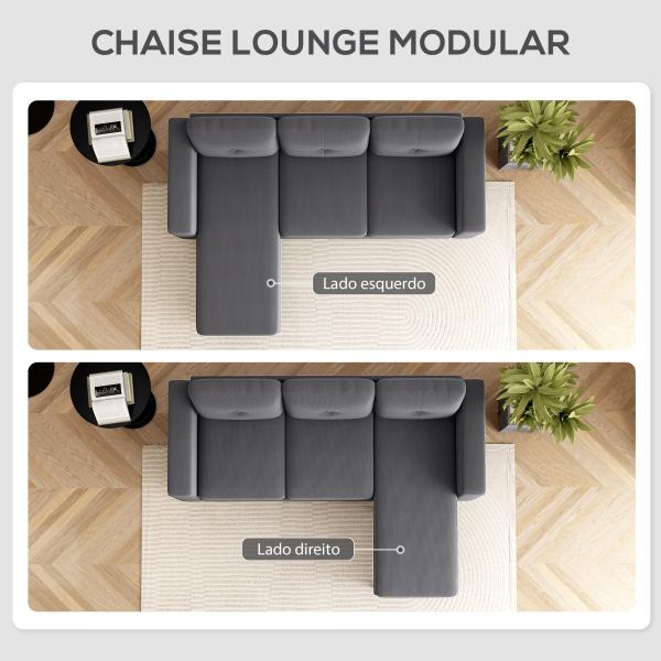 Sofá Chaise Longue Reversível Sofá de Canto em Forma de L de 3 Lugares Estofado em Veludo Cotelê 192x137x84 cm Cinzento Escuro